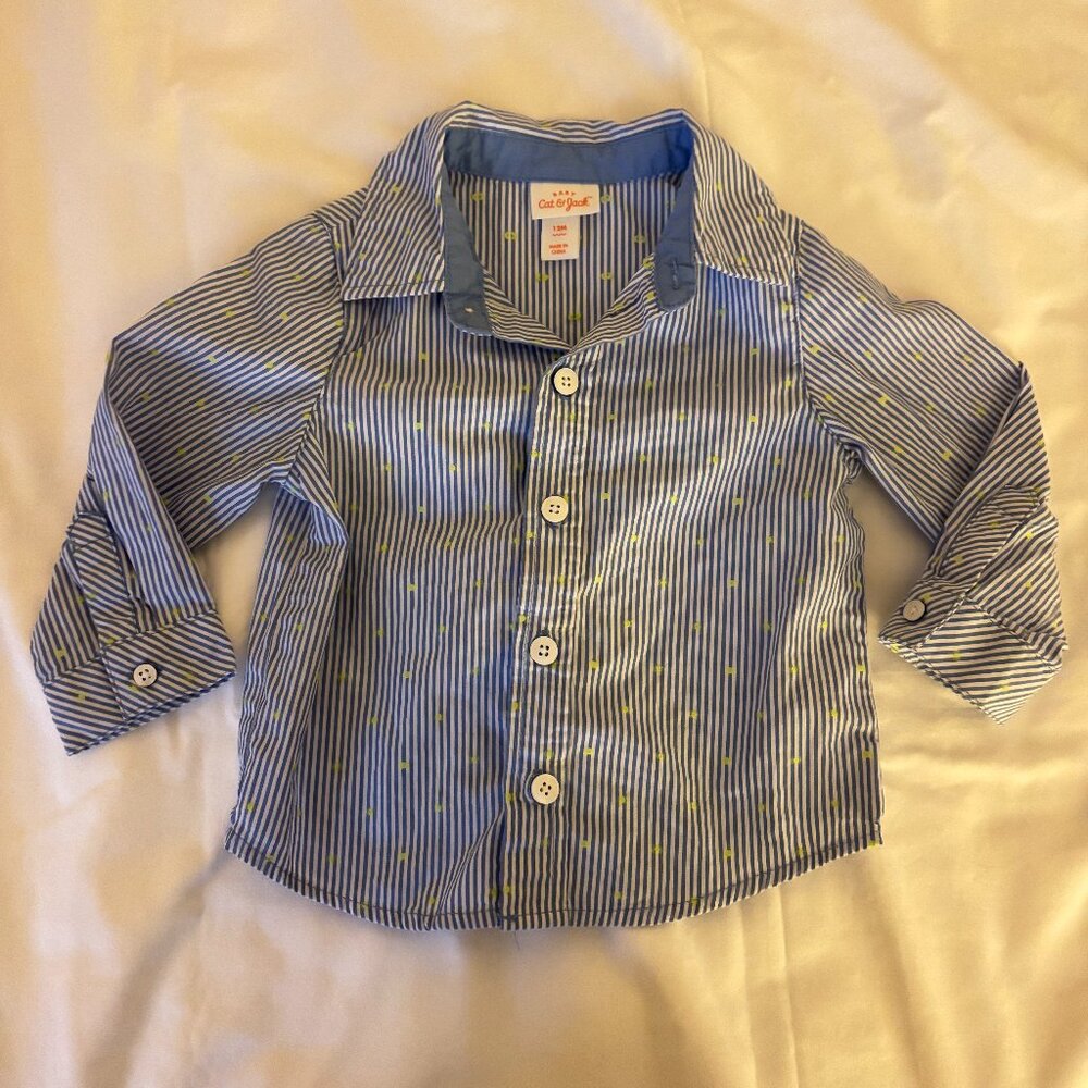 Cat & Jack 12 month blue & white pinstripe w/yellow dots long sleeve button up